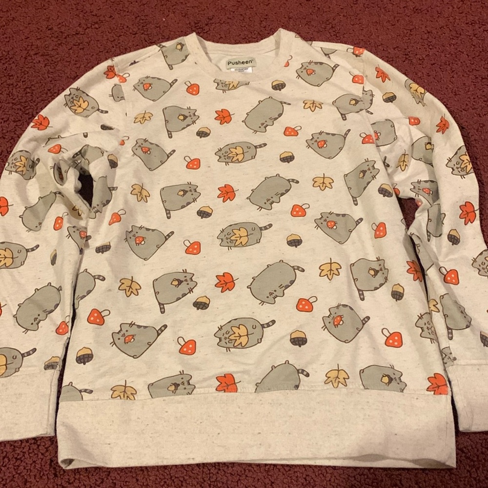 Fall Pusheen Pullover Crewneck with Leaves and Mushrooms